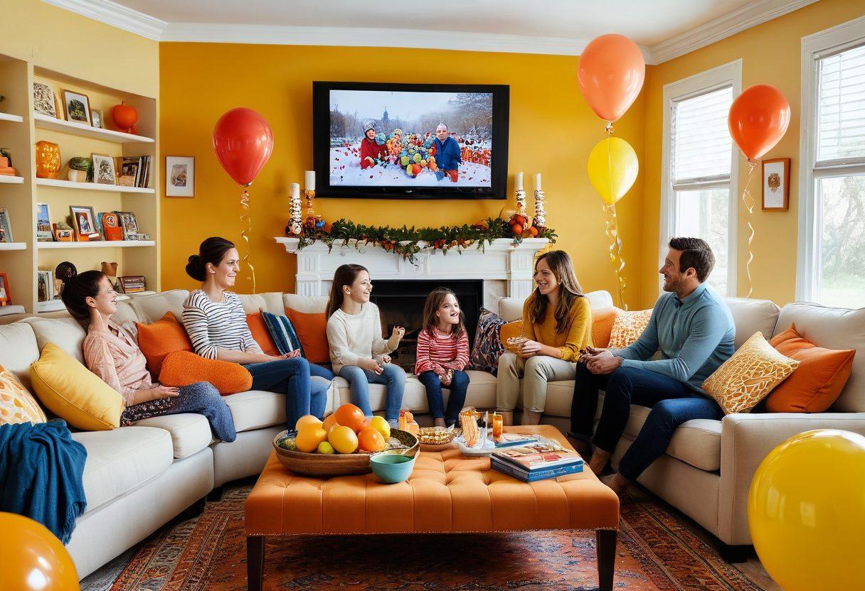 A vibrant scene featuring a cozy living room with a large screen displaying a colorful ITV program, surrounded by joyful family members and friends laughing and enjoying snacks. Incorporate elements of bright colors like yellow and orange to evoke happiness, with playful accents like balloons or confetti in the background. The ambiance should reflect warmth and excitement, inviting viewers to join the fun. super-realistic. vibrant colors.