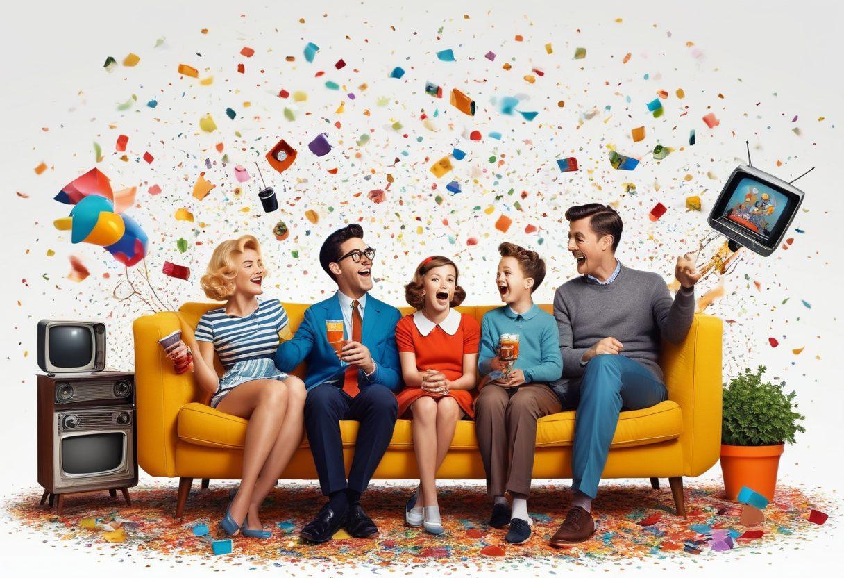 A vibrant, lively collage featuring iconic elements from classic comedies and heartwarming family shows, such as a cheerful family gathered around a TV, iconic characters in comedic poses, and colorful confetti falling from above. The background includes retro television sets and whimsical clouds to evoke a sense of fun and nostalgia. Bright colors and playful design make it pop. cartoon style. vibrant colors. white background.